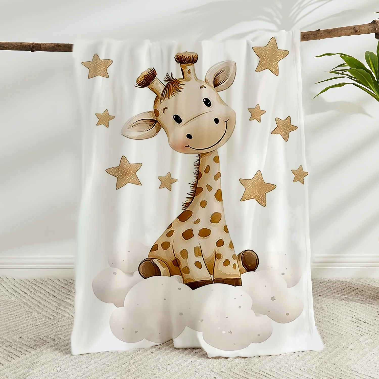1pc Star Cloud Giraffe Element Digital Print Flannel Blanket, Soft Comfortable Anti‑Pilling Throw Blanket for Sofa Bed Office Ou
