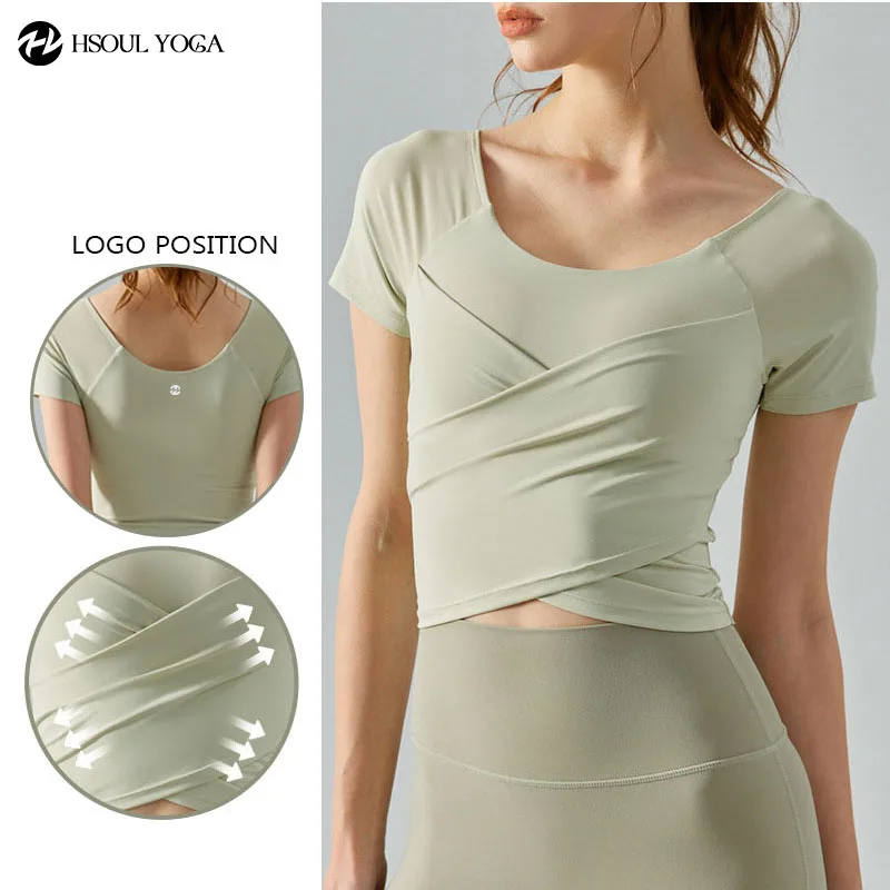 HSOUL YOGA Cross-Fold Slim-Fit Yoga Shirt with Padded Bra Top Sculpt Your Body with The Nude Feel Workout Yoga Workout Crop Top