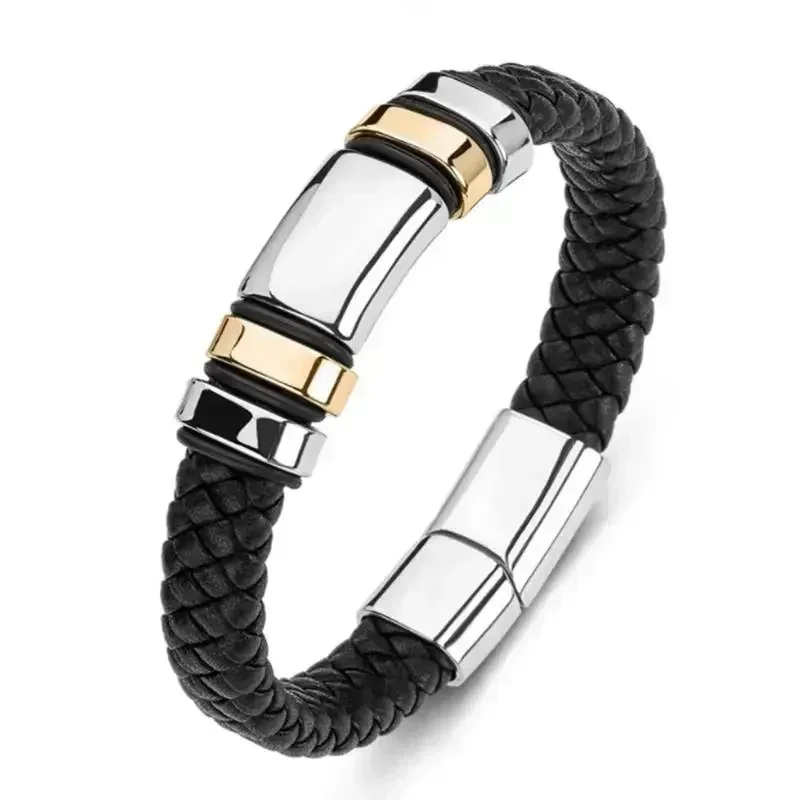 Bracelet en cuir tressé à la main pour hommes, haute qualité, acier inoxydable, boucle magnétique, breloque, mode, bijoux décontractés, cadeau
