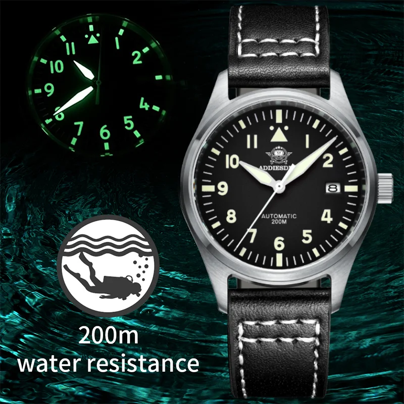 ADDIESDIVE Leather Mechanical Wristwatches Sapphire NH35A Analog Watches Waterproof Stainless Steel Diving Watch Reloj Hombre