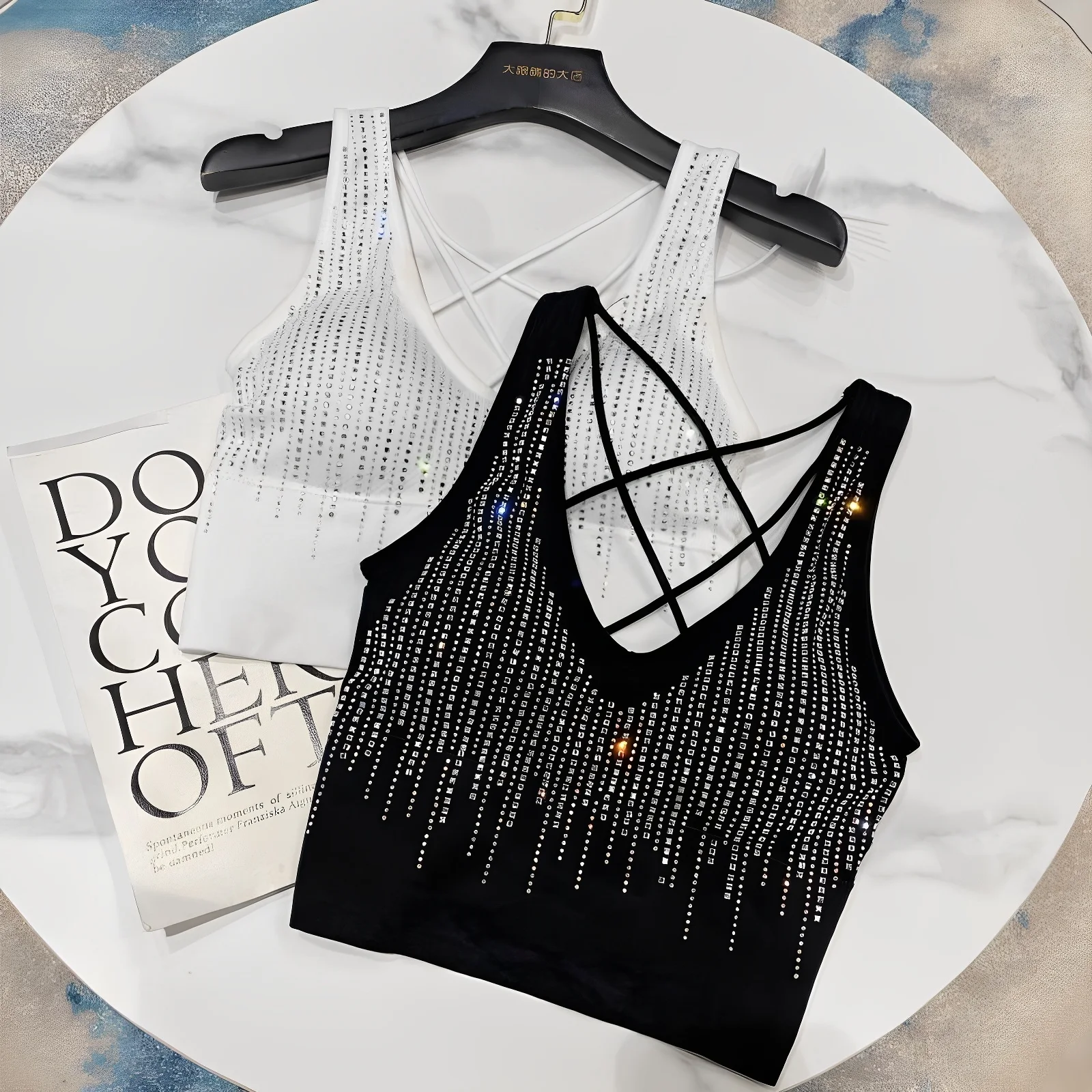 Cross Back Short Crop Top Flash Design Vertical Stripe Waterfall Rhinestone Women's Business Casual Cotton Polyester Vest