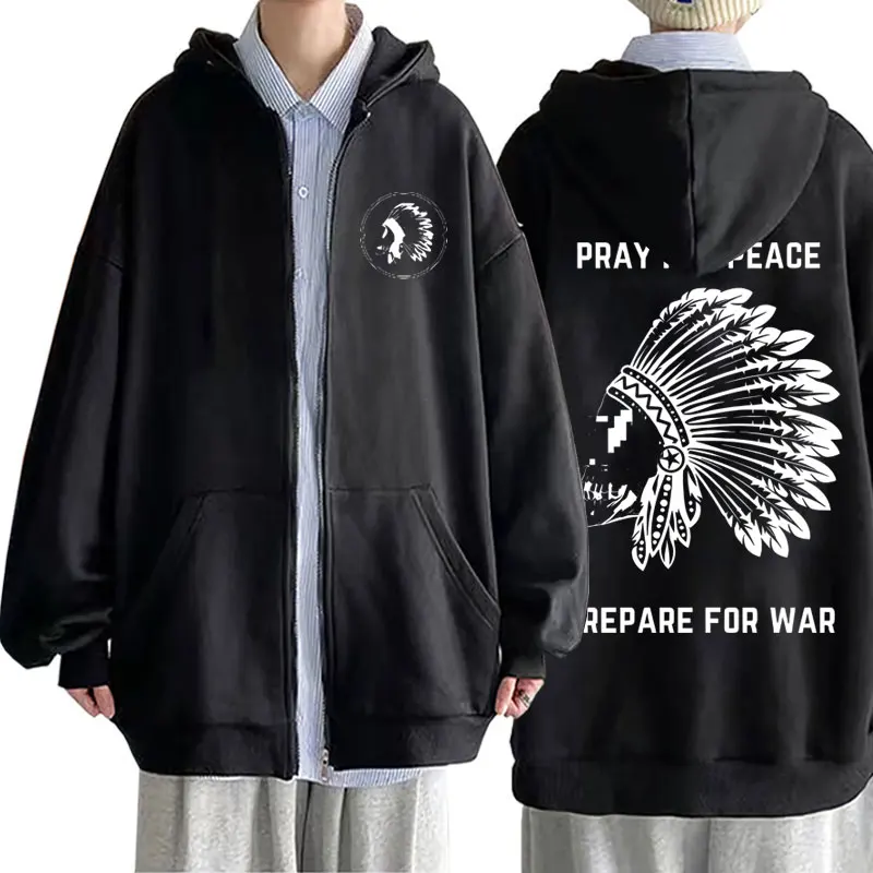 Forward Observations Group Pray for Peace Prepare for War Print Zipper Hoodie Men Vintage Coat Skeleton Oversized Zip Up Jacket