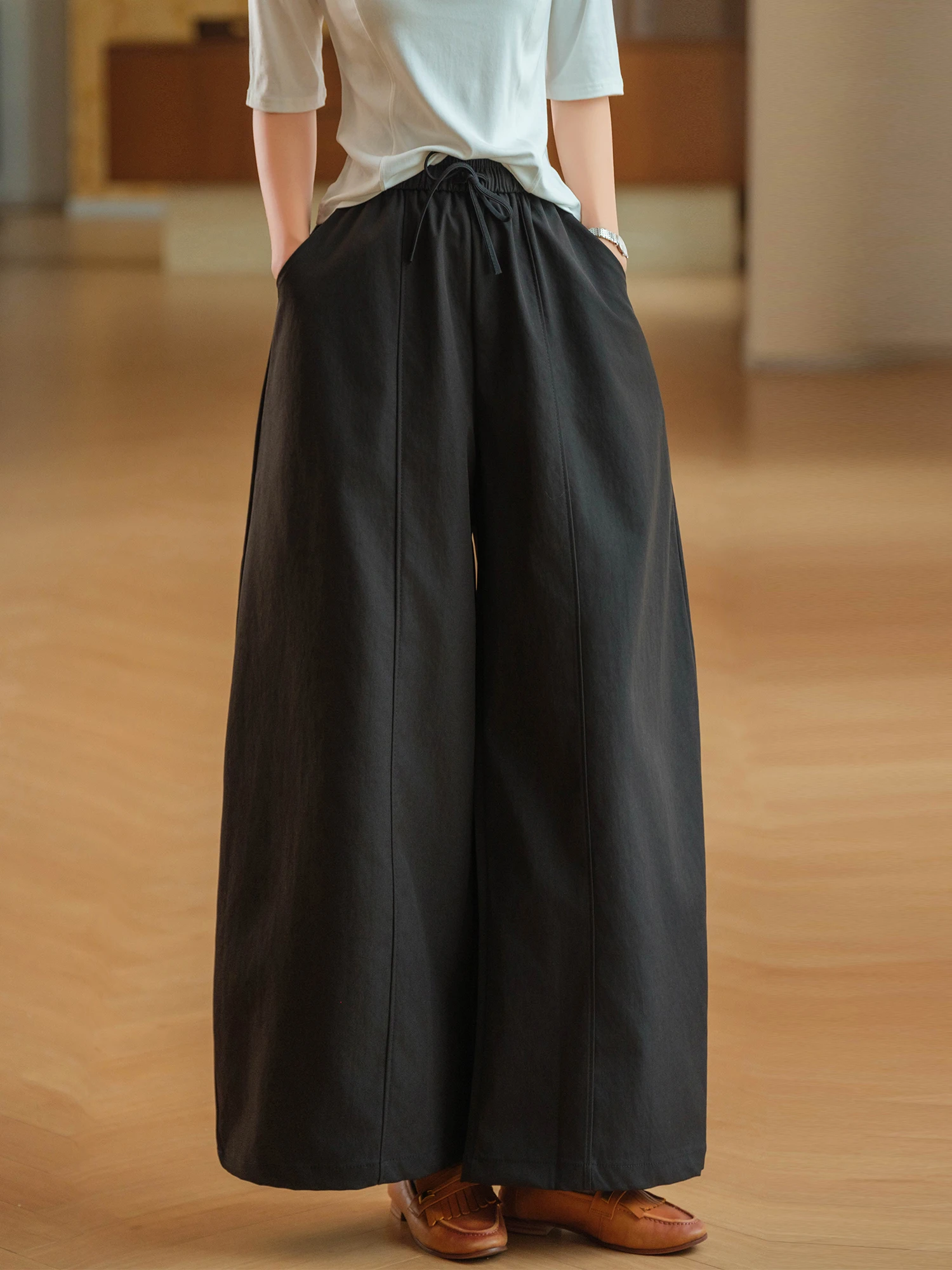 Smooth And Stiff Wide Leg Pants Women's Elastic Waist Casual Style Comfortable Breathable Polyester Fiber from China