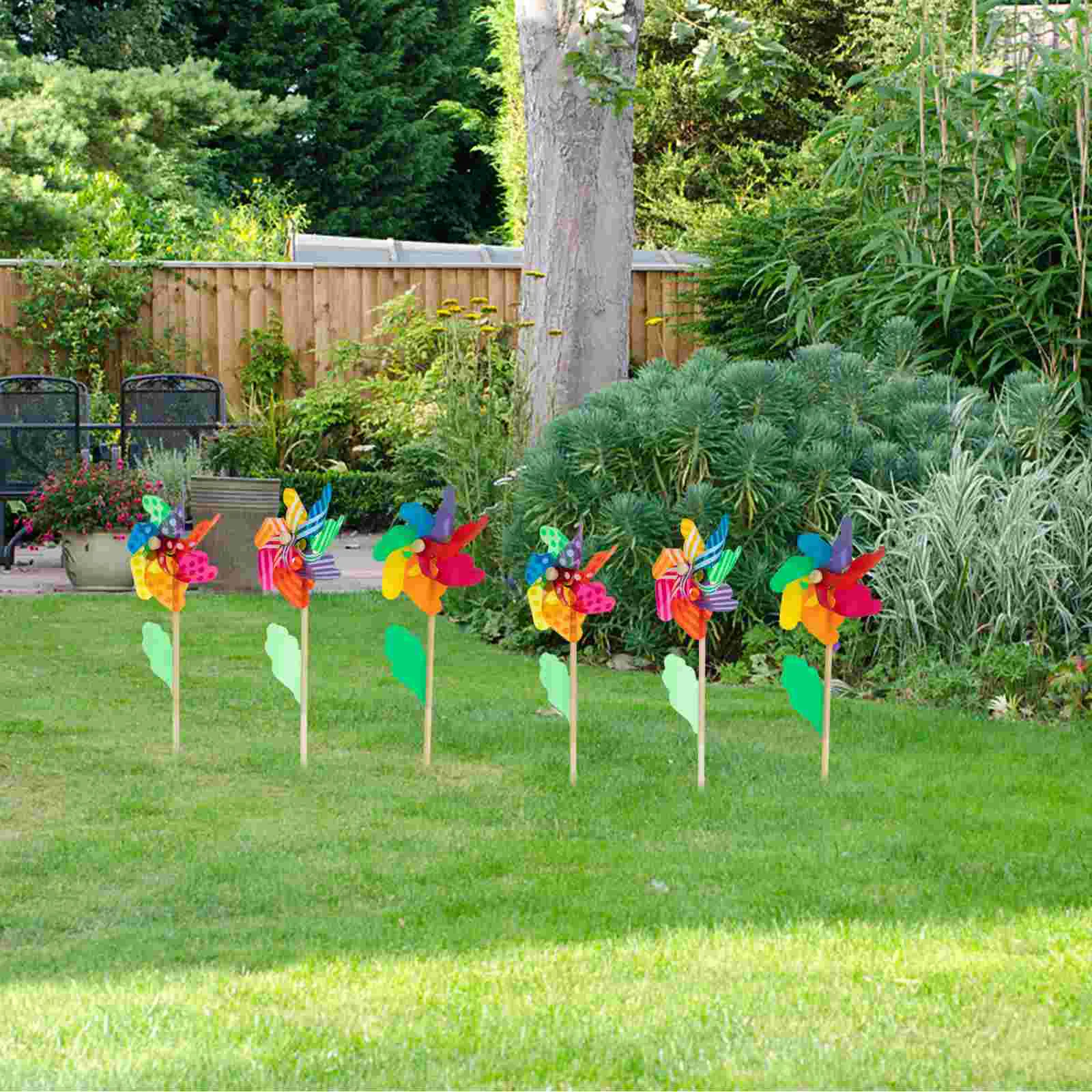 6 Pcs Rotating Colorful Windmill Pinwheel Toy Handheld Garden Decor Kids Party Plastic Wood Craft Beautiful Elegant Yard