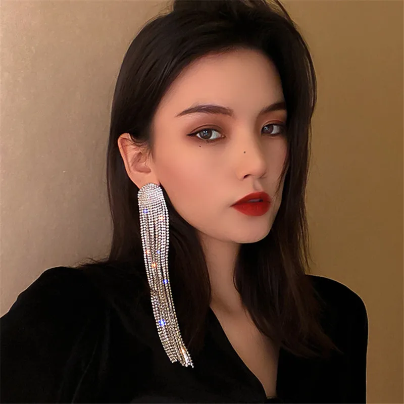 FYUAN Long Tassel Rhinestone Drop Earrings for Women Ovsize Crystal Dangle Earrings Fashion Jewelry