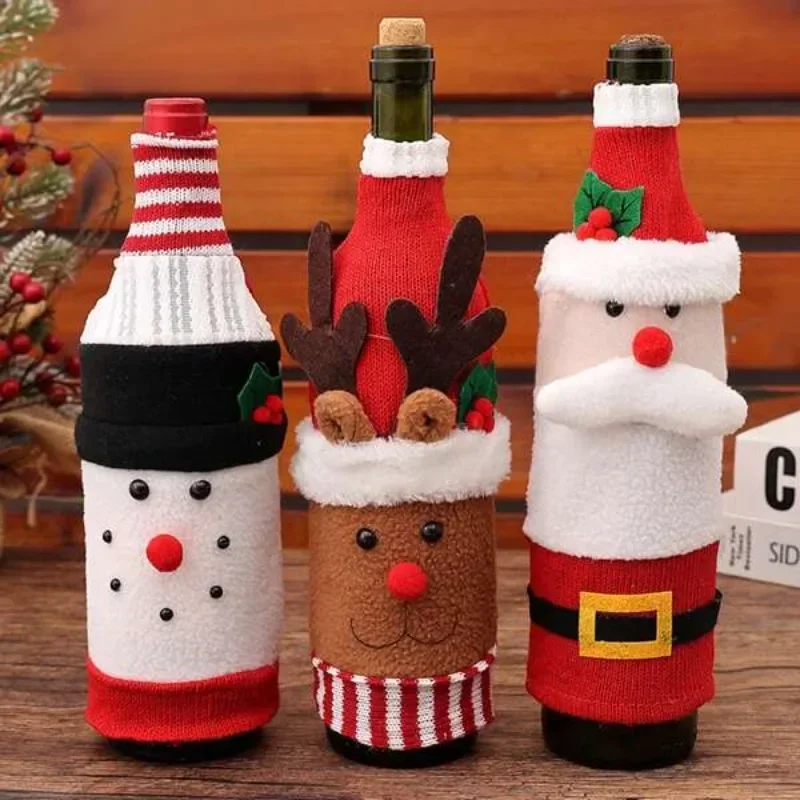 Christmas Wine Bottle Cover Set Santa Snowman Woven Wine Bottle Bags For Christmas Party Dinner Table Decorations New Year Gifts