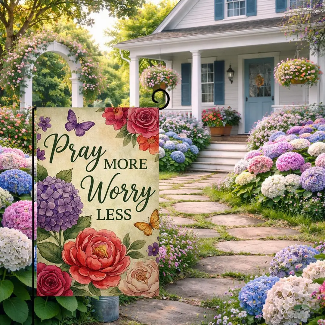 BLKWHT Spring Summer Floral Garden Flag 12x18 Vertical Double Sided Bloom in Faith Pray More Worry Less Farmhouse Holiday Ou IIC