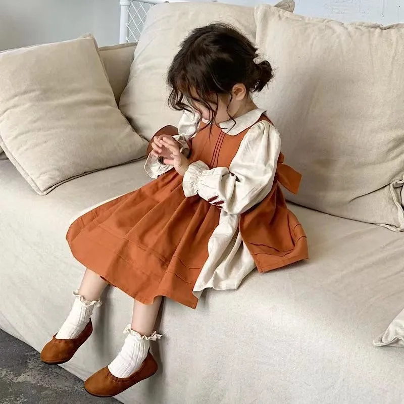 Children Clothing Girls Set Mori Waist Apron Embbroidered Dress Princess 2024 New Fashionable Spring and Summer Casual Dress