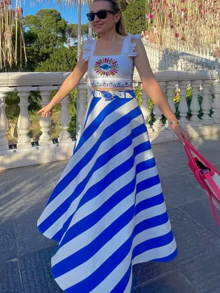 TFMLN 2026 Women Long Skirt Elegant Vacation Style Fashionable Loose Casual Contrasting Striped Belt MIDI Skirt Summer New