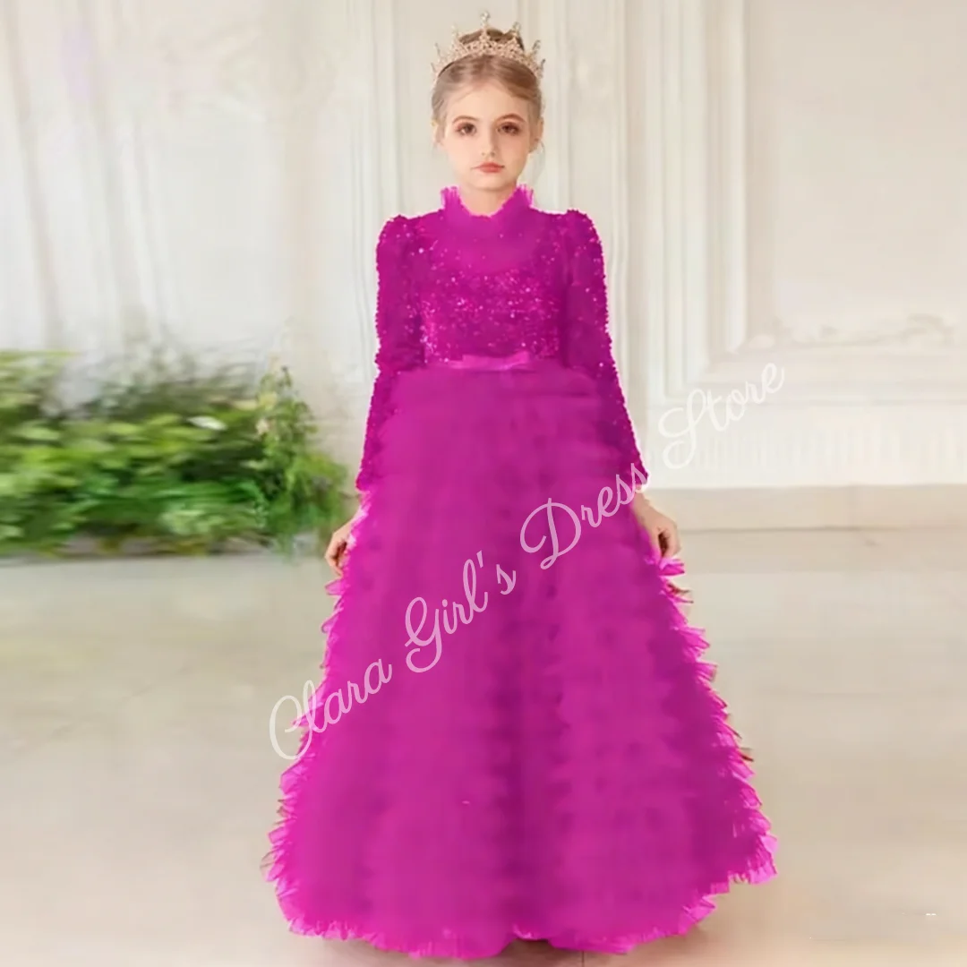 Элегантное свадебное платье с высоким воротом и пайетками, длинными рукавами, тюлевая юбка, детское праздничное платье для причастия и бала на заказ