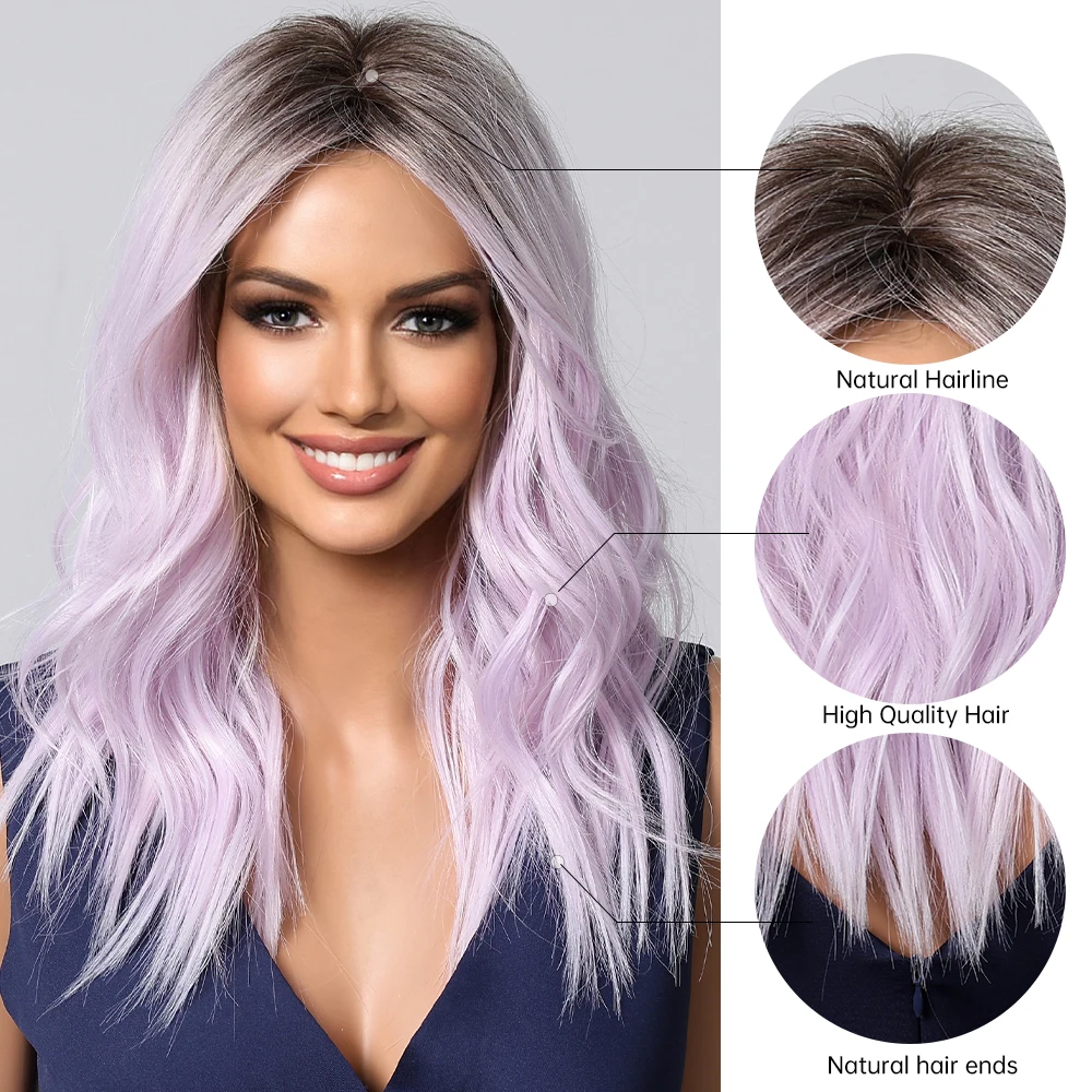 ALAN EATON Light Purple Wavy Wig for Women Natural Ombre Purple Wig Medium Length Synthetic Hair Heat Resistant Fiber Party Use