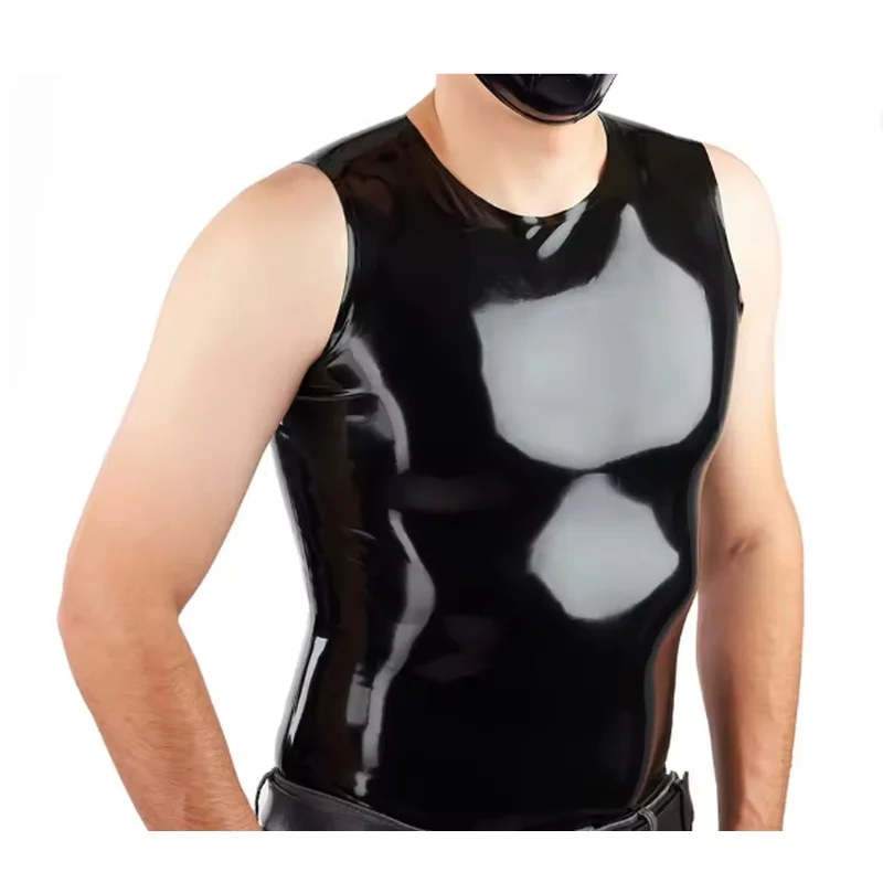 Black Latex Men Vest Top Classic Shirt Crew Neck Sleeveless Costume Male Tops Rubber O-neck Vest Handmade