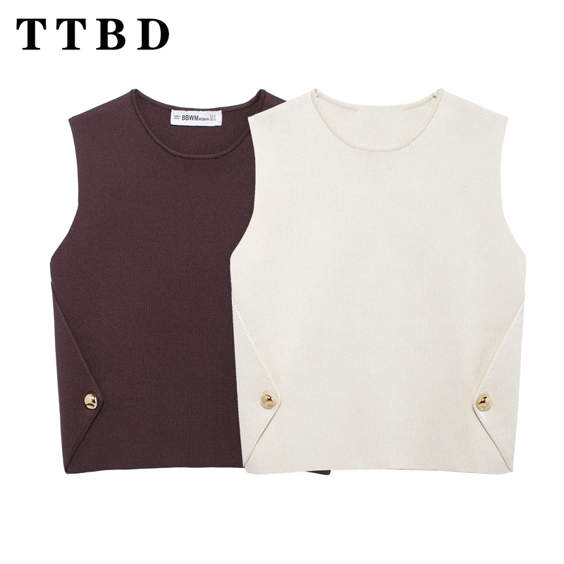 TTBD 2024 Autumn Woman Vintage Sleeveless Knitted Sweater Top Casual Woman's O-Collar Side Button Gilet Ruched Regular Fit Vest