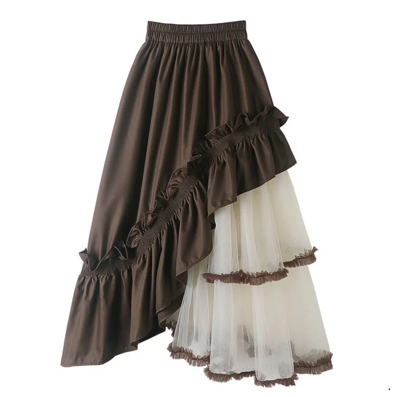 

Asymmetrical Vintage Gothic Lolita Ruffled Mesh Splicing Skirt Women Y2K High Waist Loose Irregular Large Hem A Line Skirts