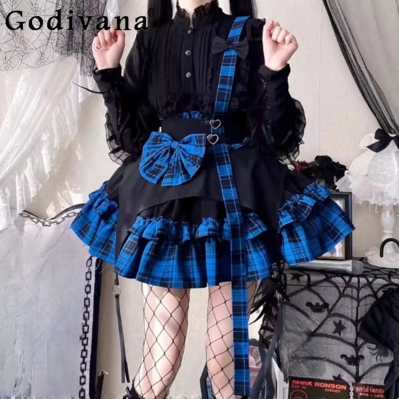 

Spring Summer New Fashion High Waist A-line Personalized Plaid Gothic SK Skirt Dark Girl Lolita Ruffles Cute Bow Cake Skirts