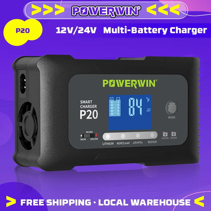 

P20 PowerWin 20A 12V/24V 10A Smart Battery Charger , Automatic, LCD, Pulse Repair for LiFePO4, AGM, Lead-Acid Batteries