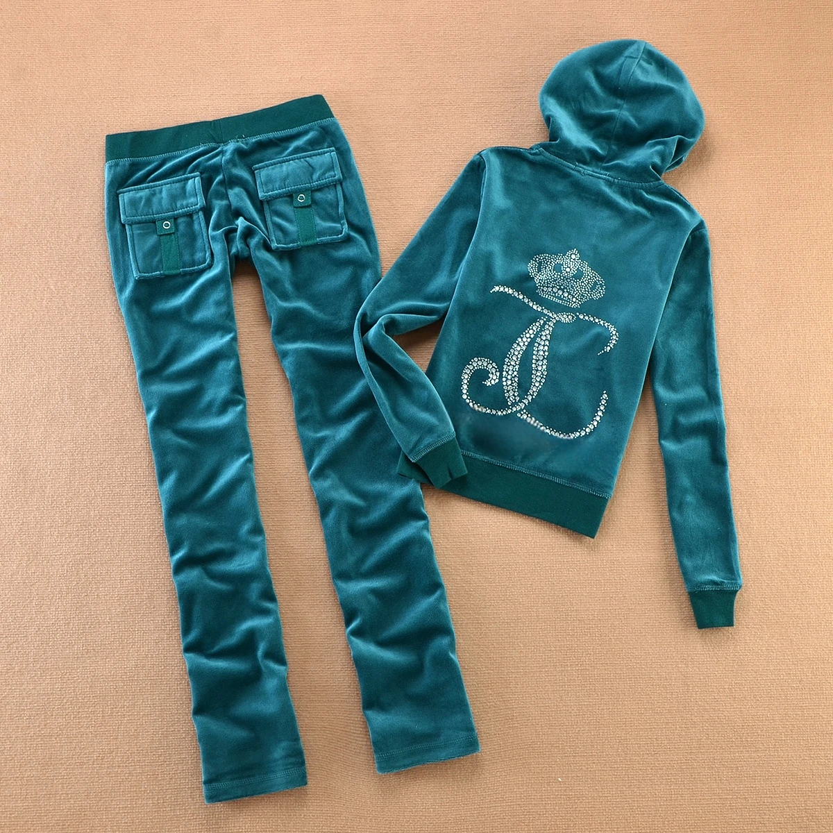 2025 High Quality Winter Velvet Ladies Tracksuit Solid Color Crown Crystal 3D Decoration Hoodie Sportswear Casual Trousers 2pcs