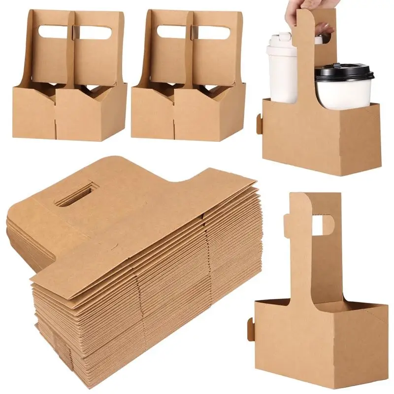 

32Pcs Drink Carriers Kraft Paper Drinking Carriers Hold 12-20 Oz Disposable Coffee Cup Holders Foldable Take Out Cup Carriers