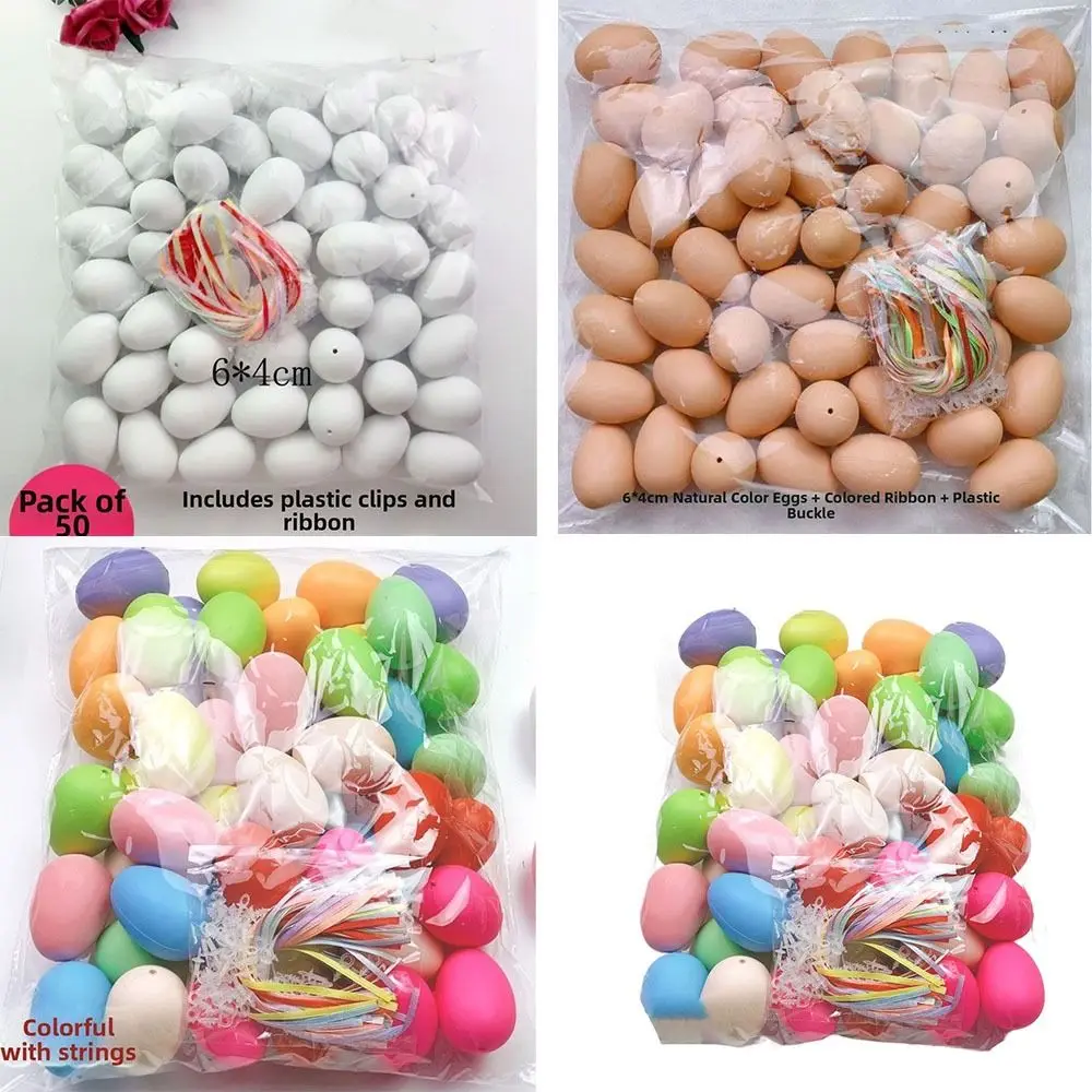 50 Huevos de Pascua Pintables, Huevos de Plástico Coloridos Hechos a Mano, Huevos Falsos de Plástico Ligeros con Cordón, Decoración para Fiesta de Pascua