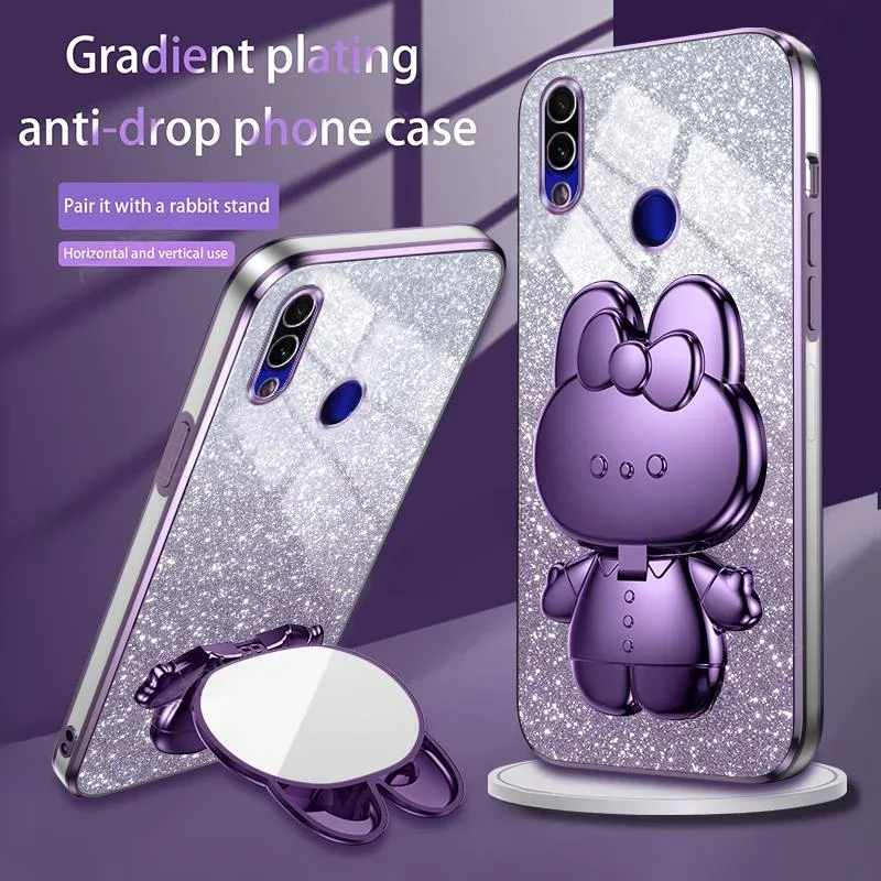 Cute 3D Rabbit Makeup Mirror Stand Plating Soft Case For Xiaomi Redmi Note 7 Pro Protect Glitter Back Cover On Note7 7pro Funda