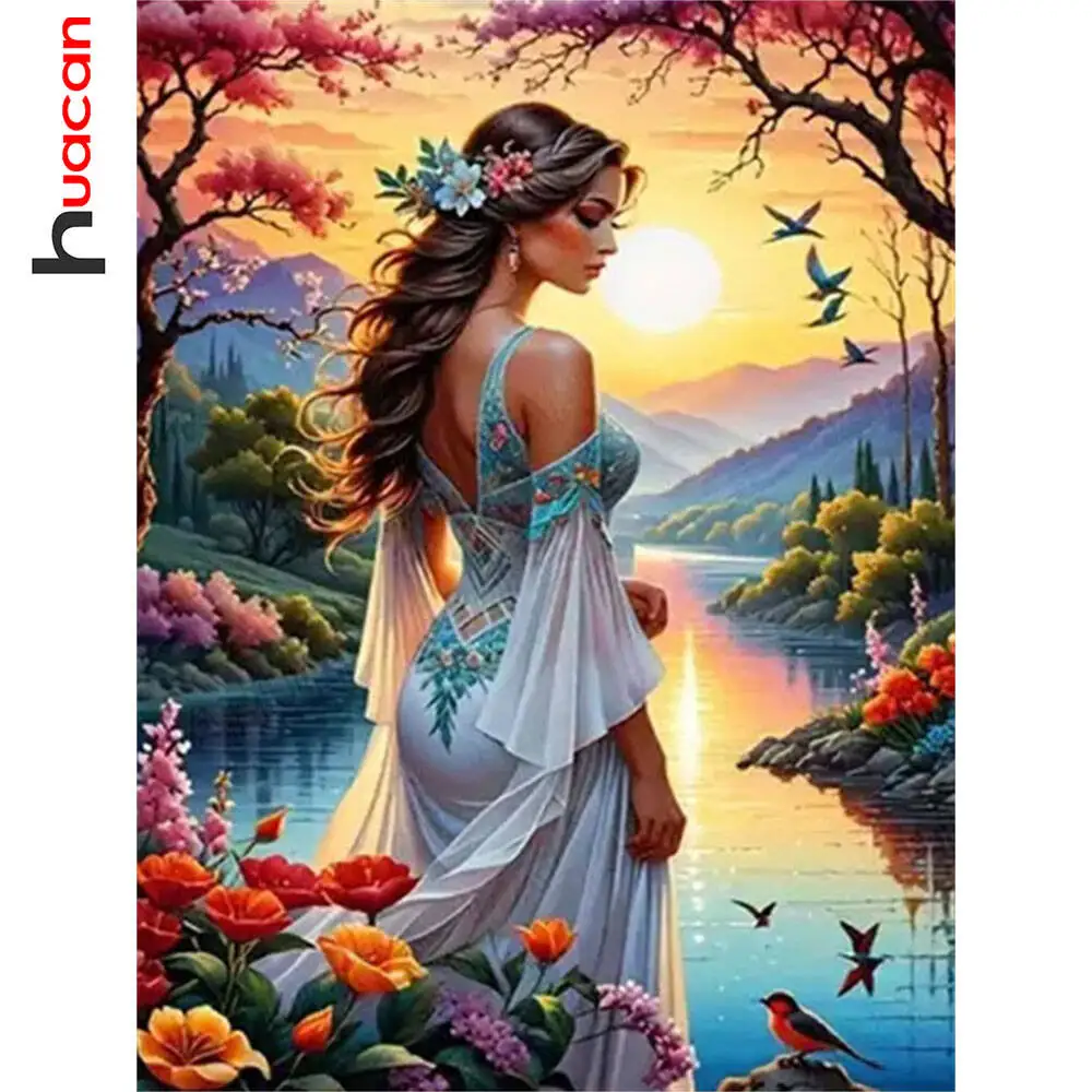 Huacan Beauty Girl Setting Sun 2025 Diamond Painting Flower Wild Goose New Arrivals Diamond Mosaic Portrait Complete Kit