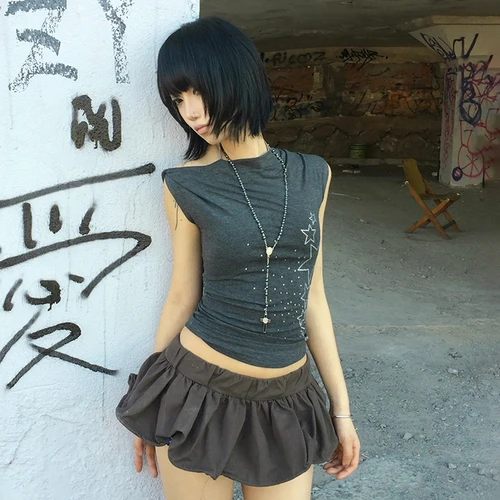Imagen 2 del producto Karrram-Camiseta japonesa Y2k con hombros descubiertos, Top sin mangas con diamantes de imitación estilo Trashy 2000s, Top corto Vintage Harajuku, Retro americano