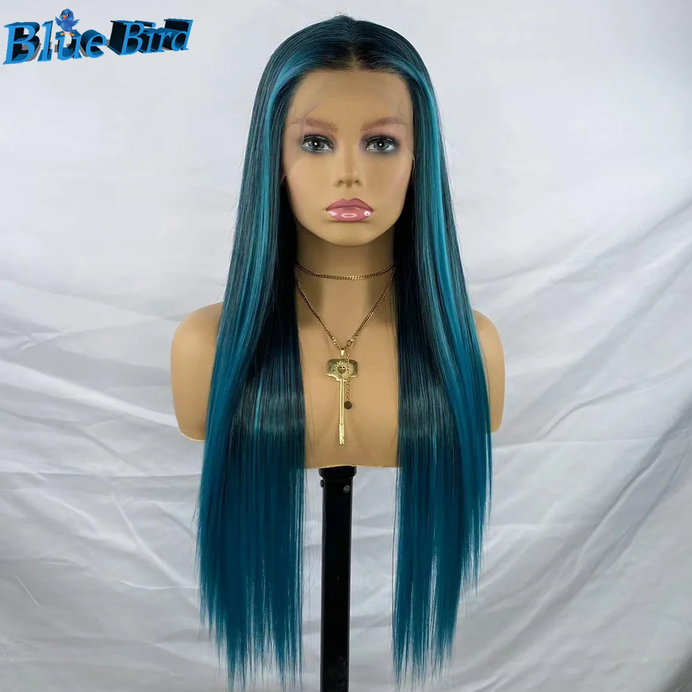 BlueBird Long Blue Highlights13x4 Glueless Futura Synthetic Lace Front Wigs For Women Glueless Silky Straight Heat Resistant Wig