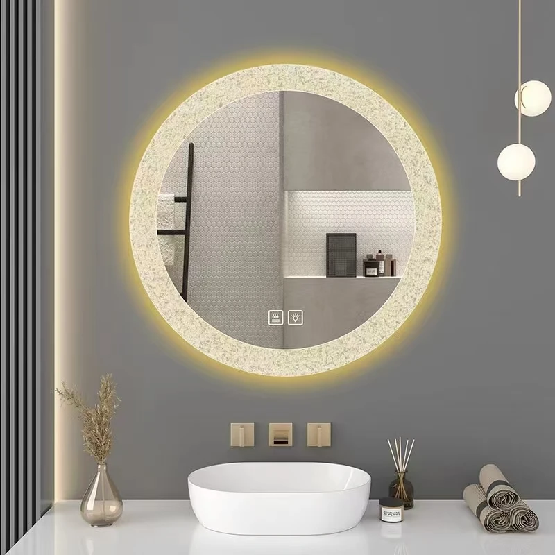 

Smart bathroom wall-mounted makeup Round bathroom LED with lamp defogging touch screen decorative mirror