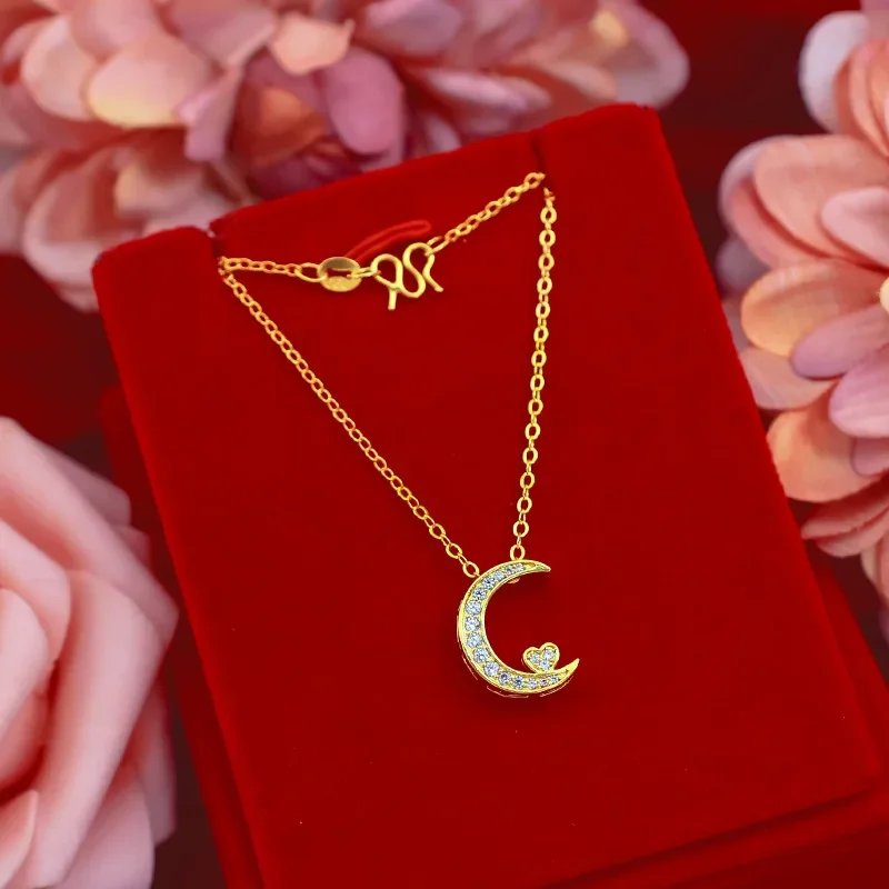 

9999 Real Gold 24K Japan and Korea fashion women's micro-inlaid crescent necklace collarbone necklace