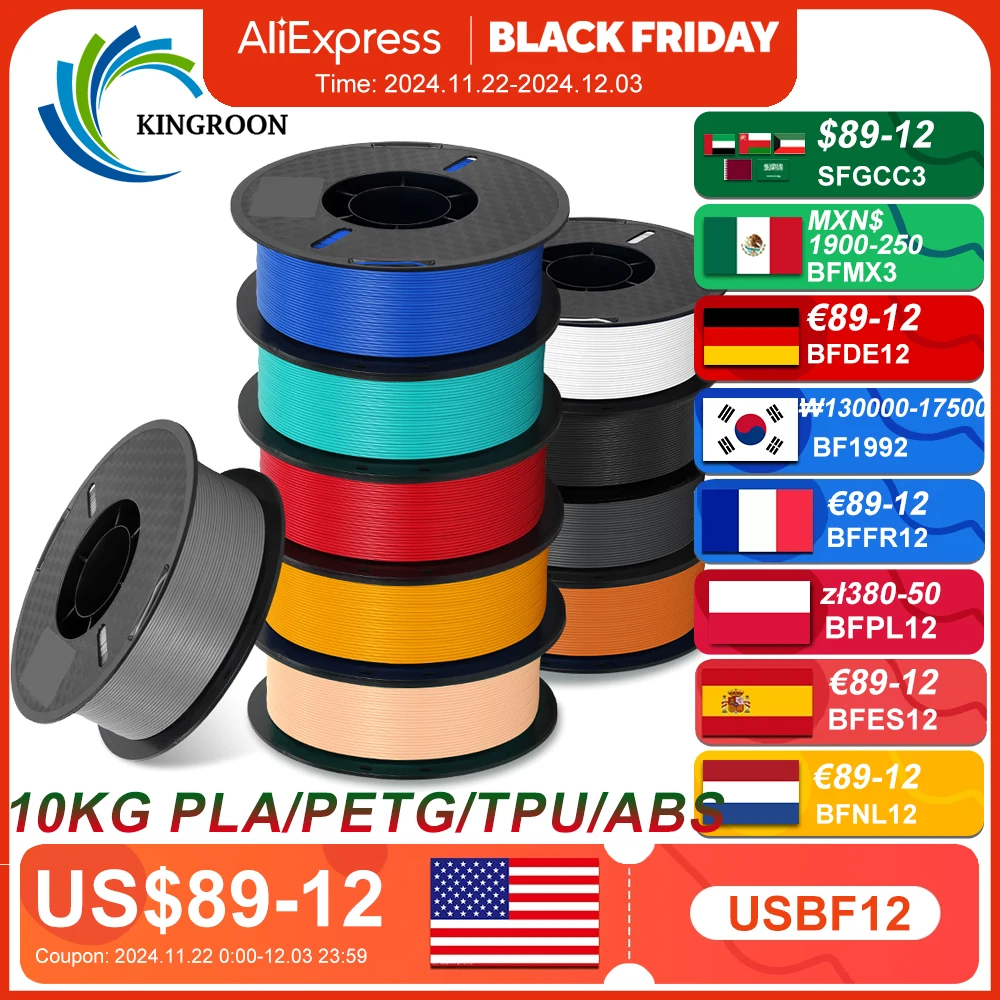 22LBS TPU ABS PETG PLA filament 3D Printer Filament 10 Rolls 1KG 1.75MM Odorless Eco-Friendly Good Toughness Mix Color FDM