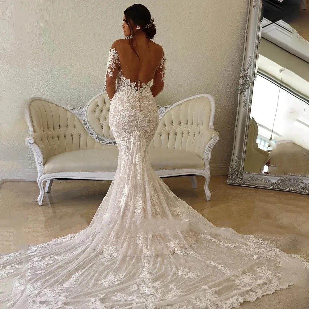 Haohao Elegante Trouwjurken Voor Vrouwen Lieverd Lange Mouwen Bruidsjurken Kanten Appliques Backless Gewaden Vestidos De Novia