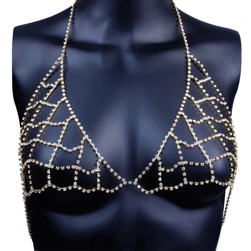 Fashion Beachwear Harness Necklace Inner Mesh Chest Chains Gift Sexy Rhinestone Bra Body Belly Chain Summer Bikini Top Jewelry