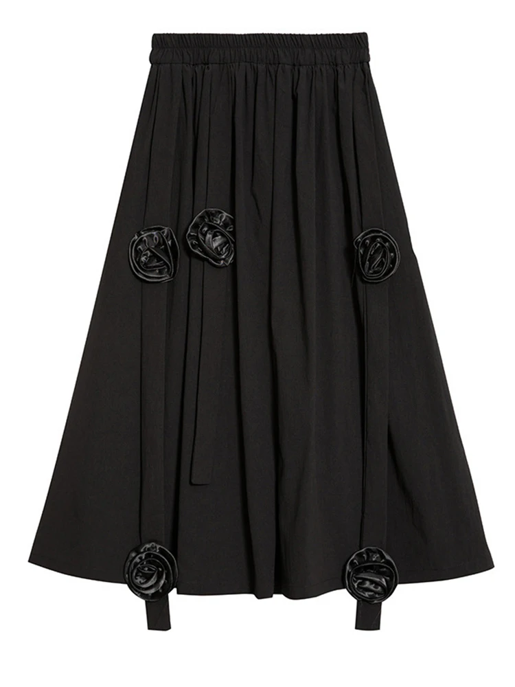 [EAM] High Elastic Waist Black Flower Ribbons Big Hem A-line Half-body Skirt Women Fashion Tide New Spring Autumn 2024 1DH5979