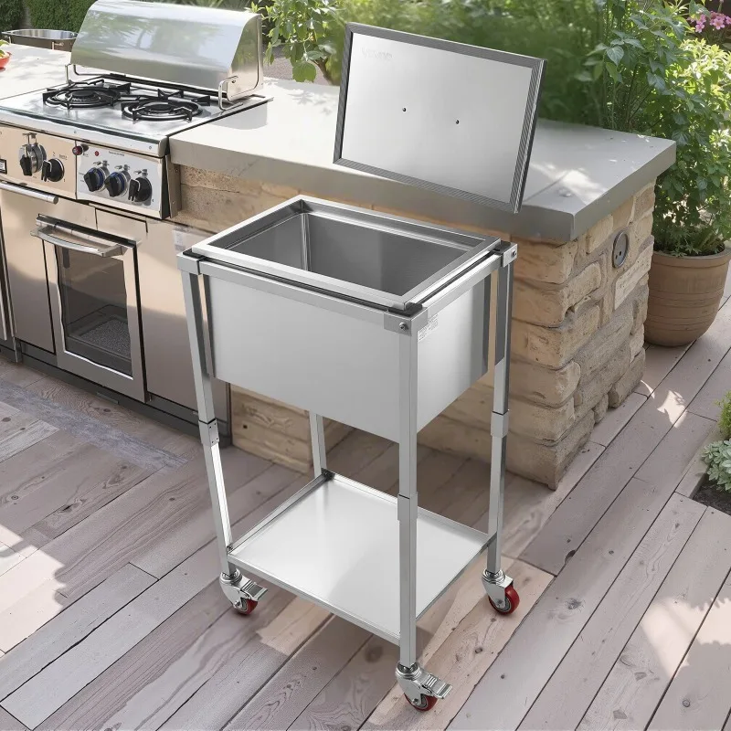 

Переносной холодильник на колесах, 22 дюйма (длина) x 16 дюймов (ширина) x 38 дюймов (высота), из нержавеющей стали, объем 32,8 кварты, для использования на открытом воздухе.