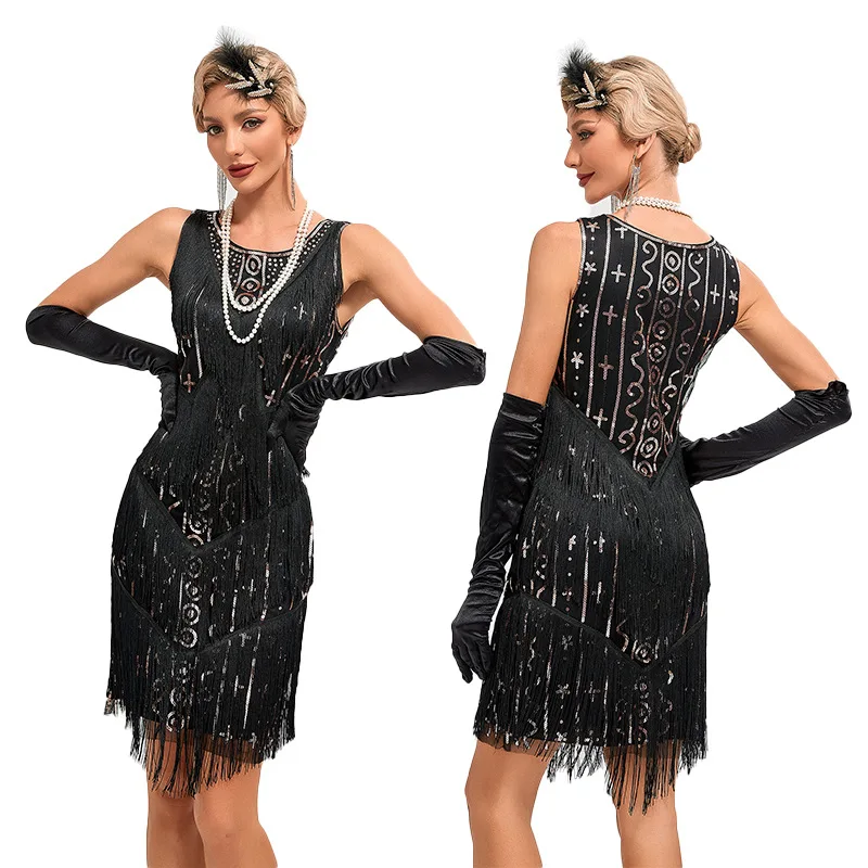 4-colors  1920s Retro Ball Embroidered Tassel Dress Great Gatsby Flapper Cocktail Party Large Sequin Beaded Mesh Dress