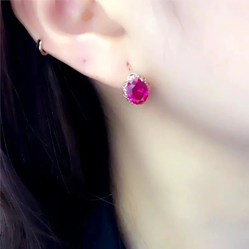 585 purple gold plated 14K rose gold inlaid oval ruby flower earrings for women elegant charm sweet wedding jewelry for couples