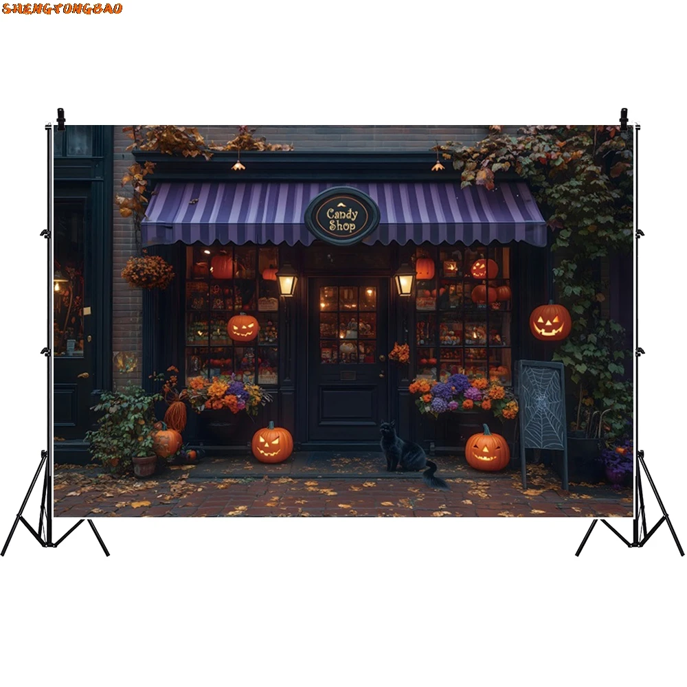 خلفية متجر حلوى الهالوين، فوانيس اليقطين، نباتات الأطفال الصغار، صورة عائلية، خلفية للتصوير الفوتوغرافي، دعائم استوديو الصور