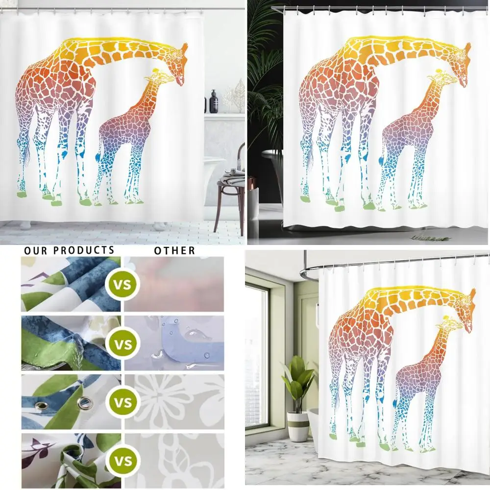 

Красочная абстрактная занавеска для душа с изображением жирафа, мама и ребенок в сюрреальной радуге, тканевый декор для ванной комнаты