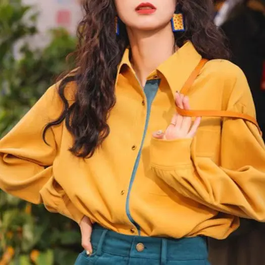

Hong Kong style design sense long-sleeved loose shirt women's spring and autumn new retro yellow chic POLO versatile shirt