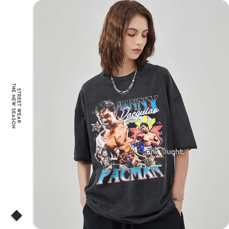 Manny Pacquiao Boxing Champion T shirt Vintage Washed Short Sleeve Tops Tees Oversized T-shirt Harajuku Sweatshirt Men Cotton