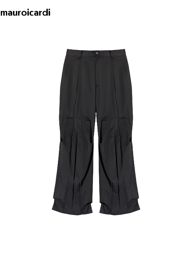 Mauroicardi Autumn Cool Loose Casual Pleated Wide Leg Baggy Pants for Mens Luxury Designer Streetwear Floor Length Trousers 2023