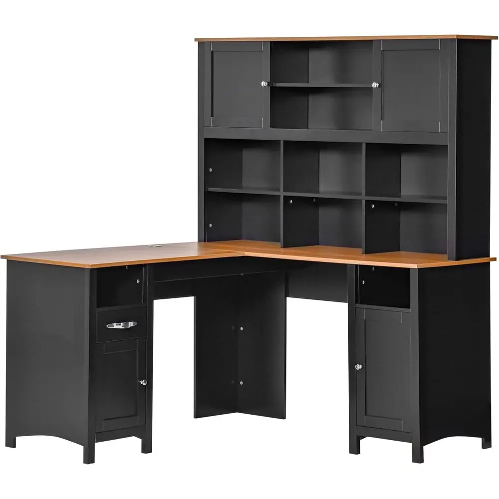 

59 L-Shaped Computer Desk with Hutch, Compact Home Office Desk featuring Storage Shelves, Drawers and Cabinet in Black