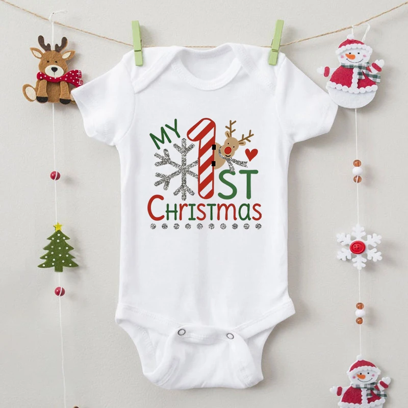 Funny Elk Snowflake Design Baby Girl Boy Bodysuits My 1st Christmas Print Fashion Newborn Outfits Short Sleeve Cotton Jumpsuits