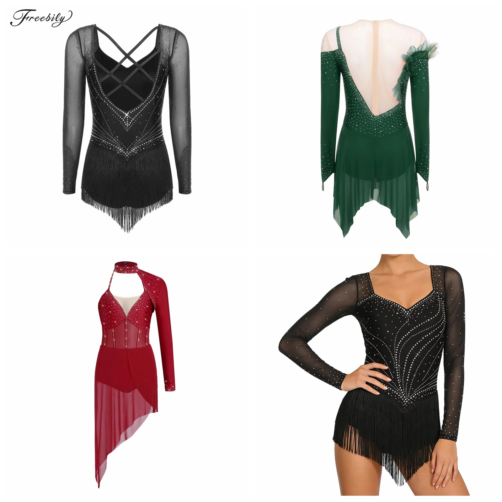 

Womens Rhinestones Skating Leotards Dress Irregular Mesh Hem Ballet Dress Modern Performance Dance Wear Lyrical Dance Costume