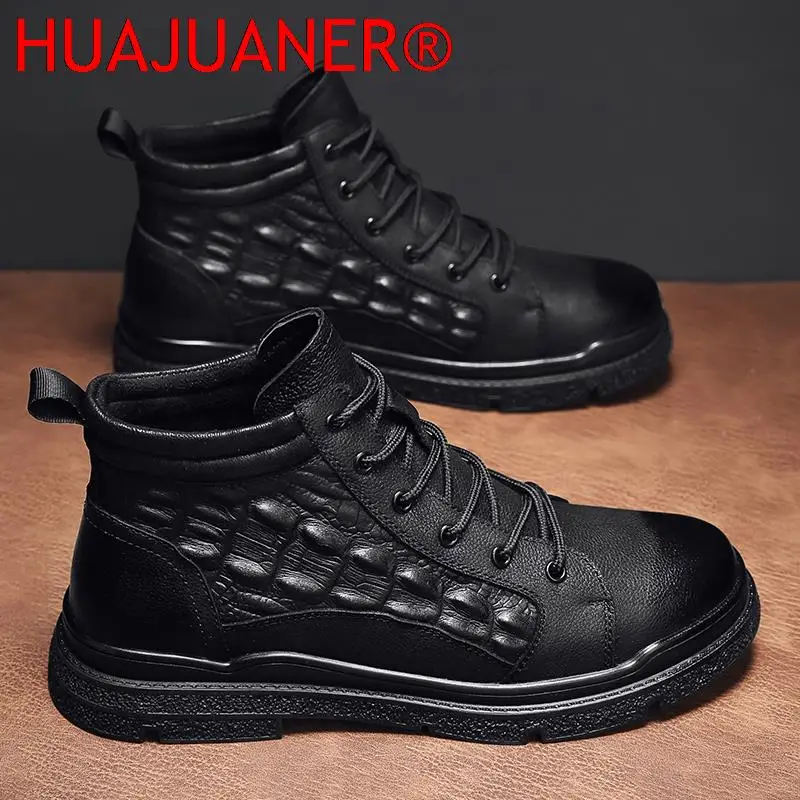 Men Winter Boots Comfy Crocodile Style Snow Boots Fashion Mens Sneakers Shoes Men Lace-up Quality Genuine Leather Fur Men Boots view 3