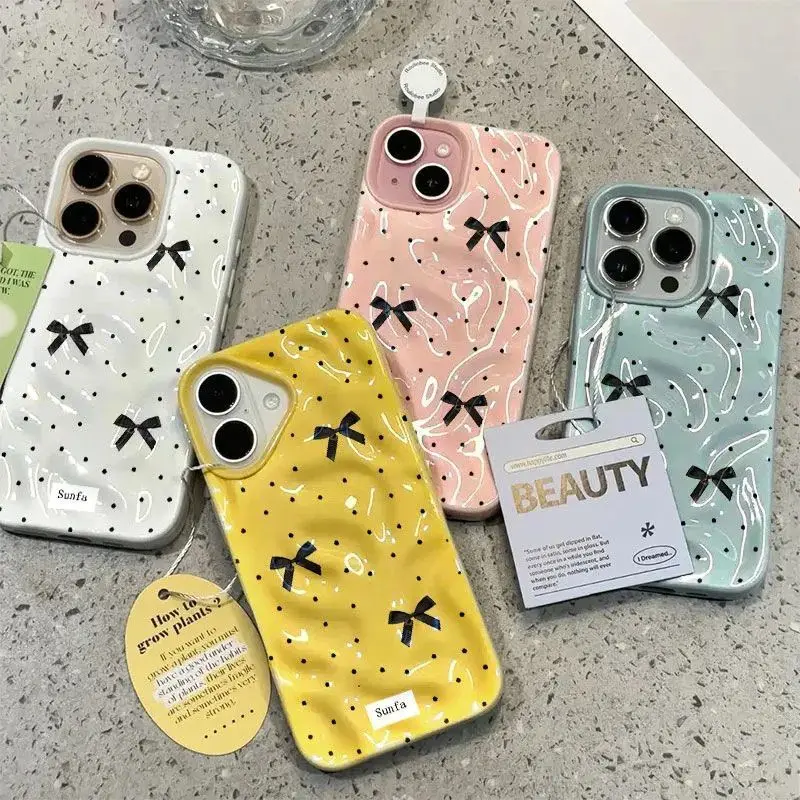 Black Bow Knot Folds Texture Phone Case For iPhone 18 17 16 15 14 Plus 13 Pro Max 12 11 Shockproof Fashionable Soft Cover Cases