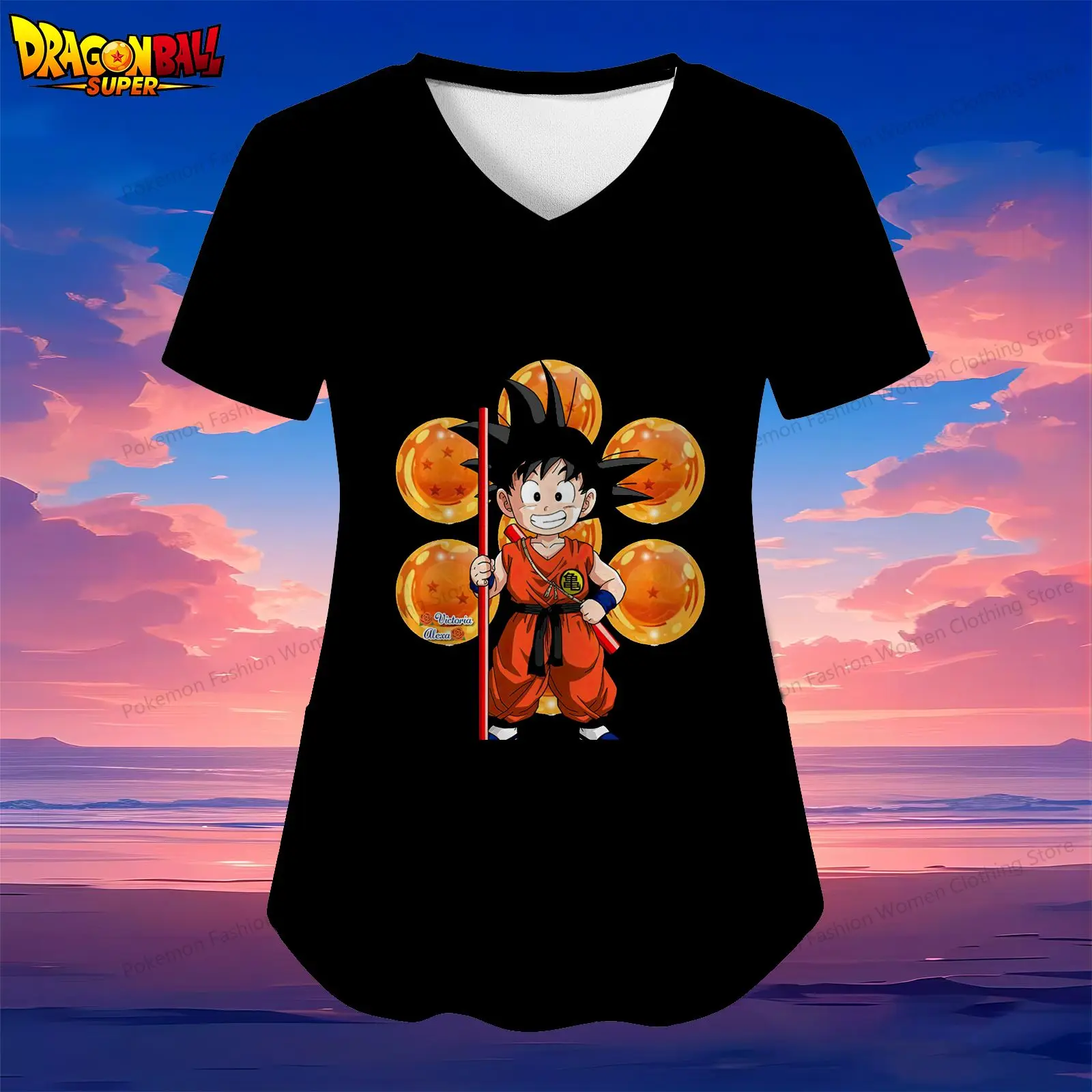 Damska koszulka pielęgniarki z dekoltem w szpic Dragon Ball Kakarotto Kieszeń Odzież damska 2024 S-2XL Koszulka z krótkim rękawem Y2k Anime Lato