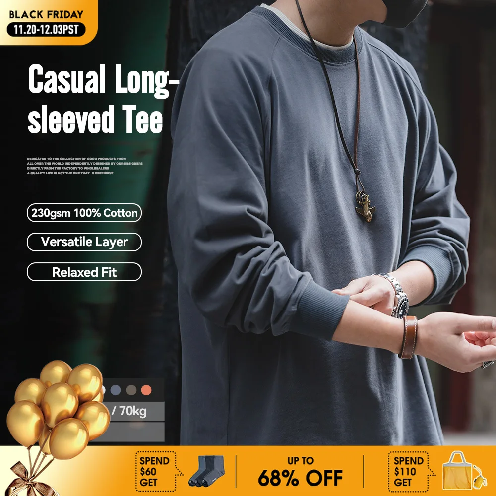 

Maden Solid T-shirts Men's Retro Cotton College Casual Vintage Long-sleeved Tee Candy Color Sports Basic Tops Bottoming Pullover