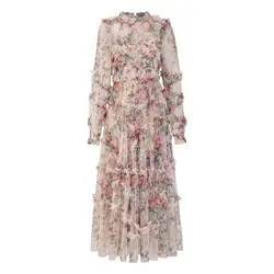 JAMERARY Fashion Floral Print Long Sleeve Maxi Dress For Women Summer Autumn Clothes Layers Ruffles Cake Dresses Evening