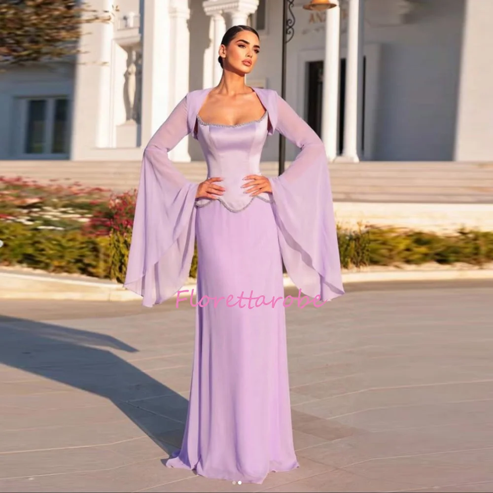 Lilac Beaded Long Sleeves Evening Gown Pastrol Unisex Jersey Retro Dubai Saudi Arabic   PromDresses Customized